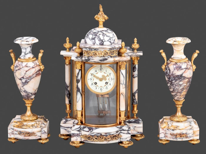 Louis XVI Style Gilt Bronze & Marble Clock Set, 3