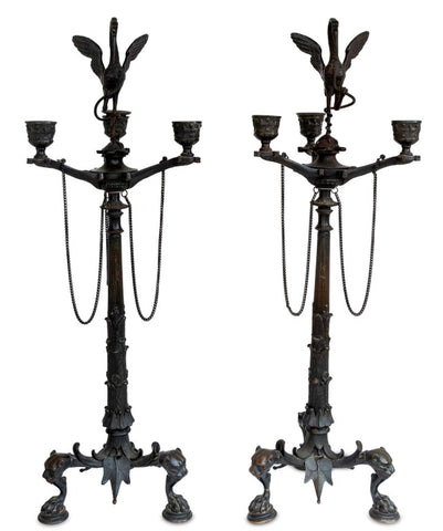 Patinated Bronze 3-Branch Candelabra, Pair