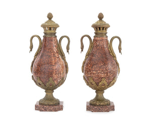French Ormolu Mounted Rouge Griotte Urns, Pair