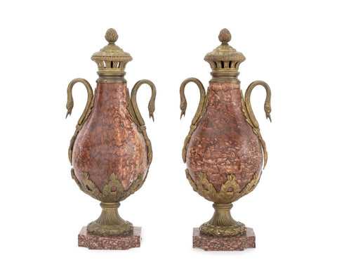 French Ormolu Mounted Rouge Griotte Urns, Pair
