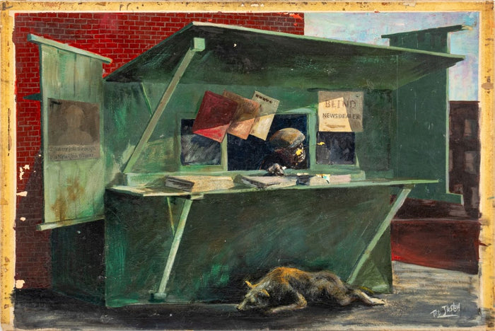 Ted Jaslow "Newstand" Oil on Board, 1962