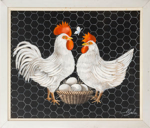 20th Century Chickens and Eggs Oil on Canvas
