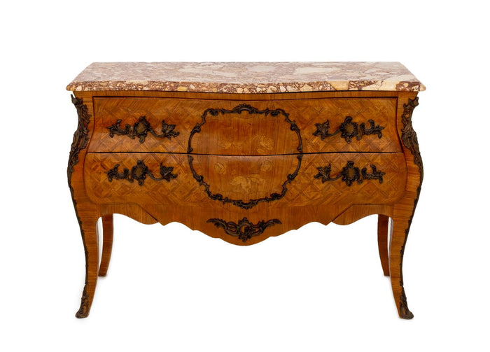 Louis XV Style Walnut Marquetry Bombe Commode