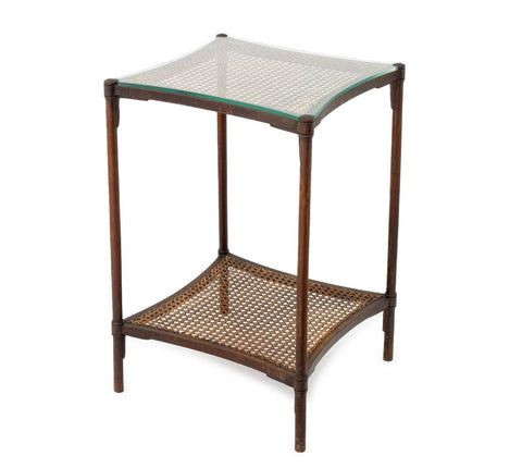 Modern Two-Tier Mahogany and Caned End Table