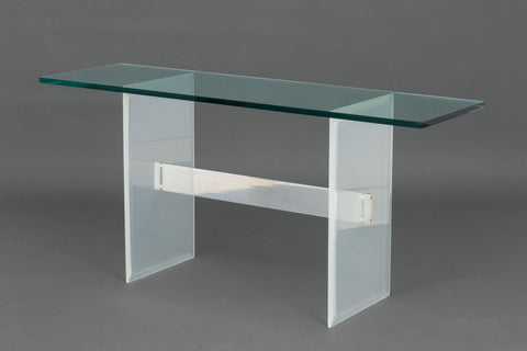 Modern Glass Top Console Table with Lucite and Steel Base