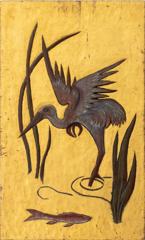 Art Deco Heron Scene Painted and Carved Wood Panel