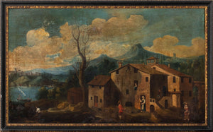 German School Village Landscape Oil, 19th C.