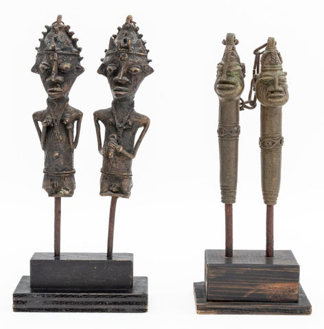 Yoruba Edan Ogboni Figural Brass Staffs, 2 Pairs