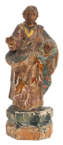 Standing Saint Painted & Carved Wood Sculpture