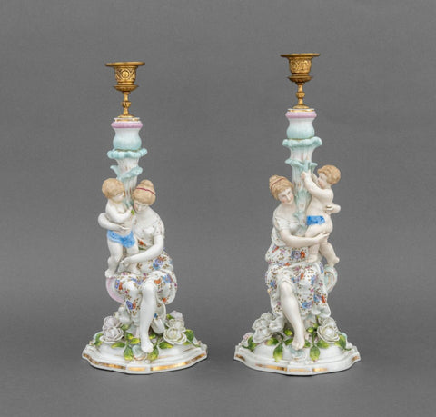 Meissen Style Porcelain Figural Candlesticks, Pair