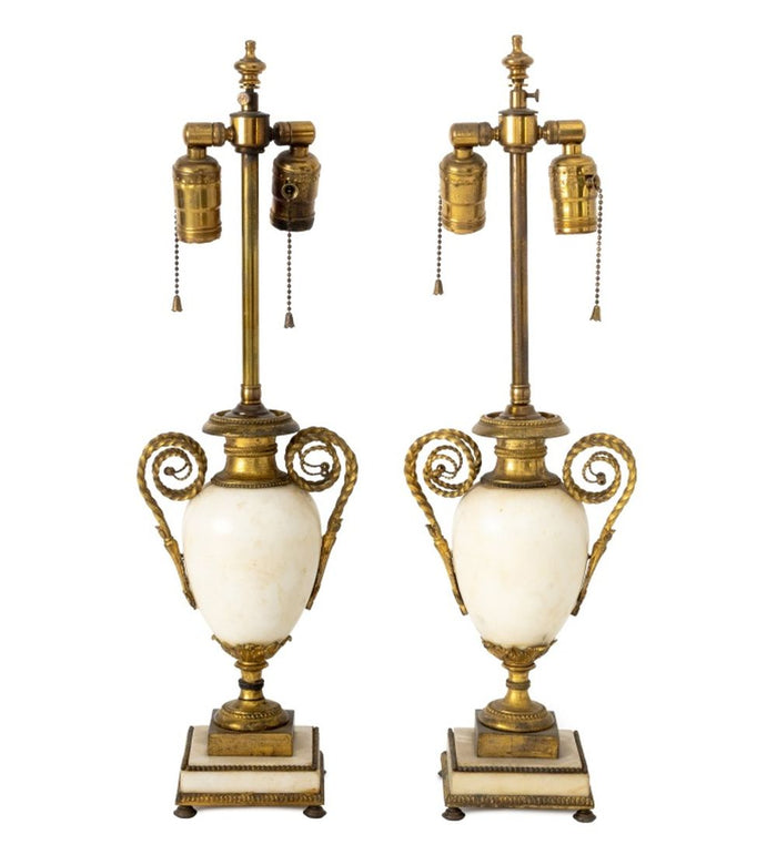 French White Marble & Gilt Metal Table Lamps, Pair