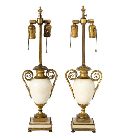French White Marble & Gilt Metal Table Lamps, Pair