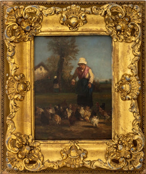 Dutch School Feeding the Chickens Oil on Board (9804747505971)