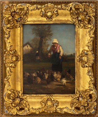 Dutch School Feeding the Chickens Oil on Board