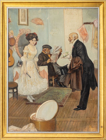 Illegibly Signed Courting Scene Oil on Canvas