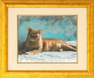 Illegibly Signed Portrait of a Cat Chalk Pastel
