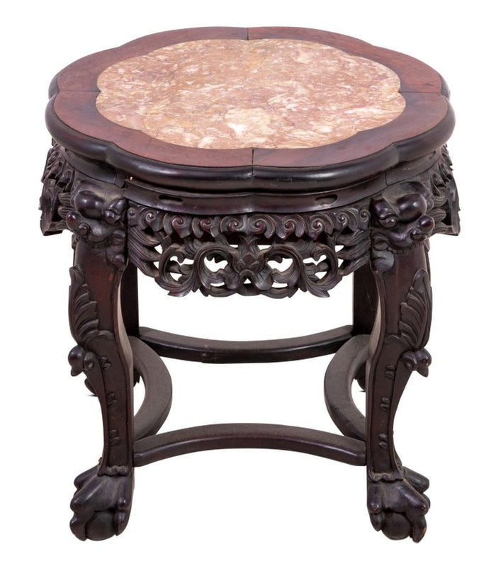 Chinese Hardwood and Marble Low Pedestal Table