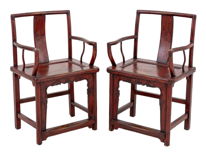 Chinese Red Lacquered Armchairs, Pair