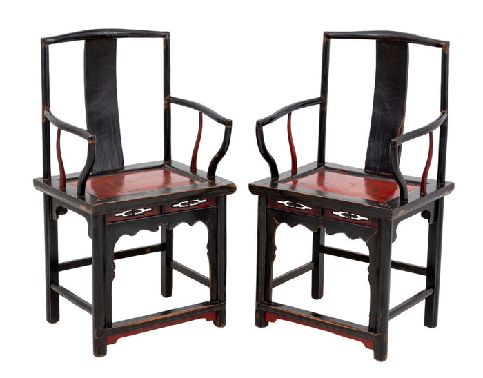 Chinese Black Lacquered Armchairs, Pair