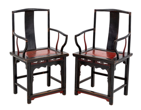 Chinese Black Lacquered Armchairs, Pair