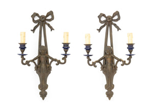 Patinated Brass Cherub Candlestick Sconces, Pair