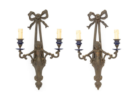 Patinated Brass Cherub Candlestick Sconces, Pair