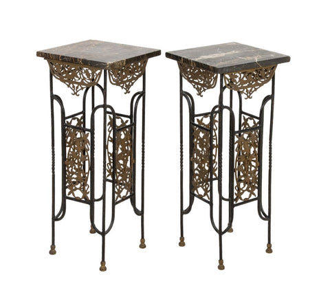 Brandt Style Wrought Iron & Marble Pedestals, Pair