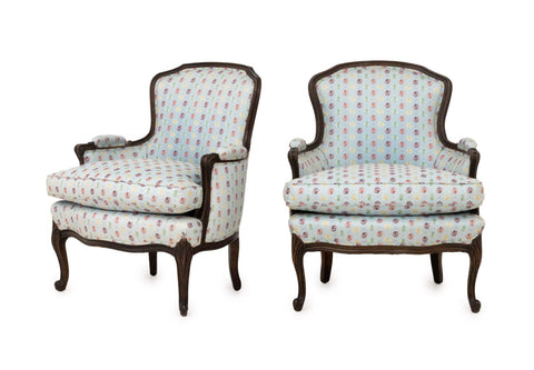 Louis XV Style Blue Upholstered Bergeres, Pair