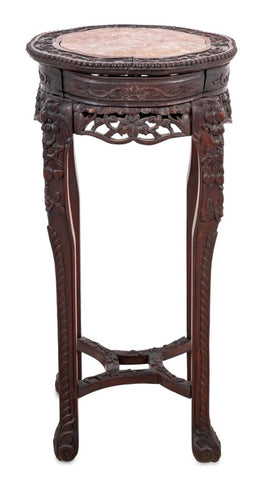 Chinese Carved Hardwood and Marble Pedestal Table
