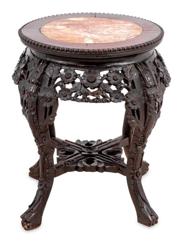 Chinese Carved Hardwood and Marble Pedestal Table