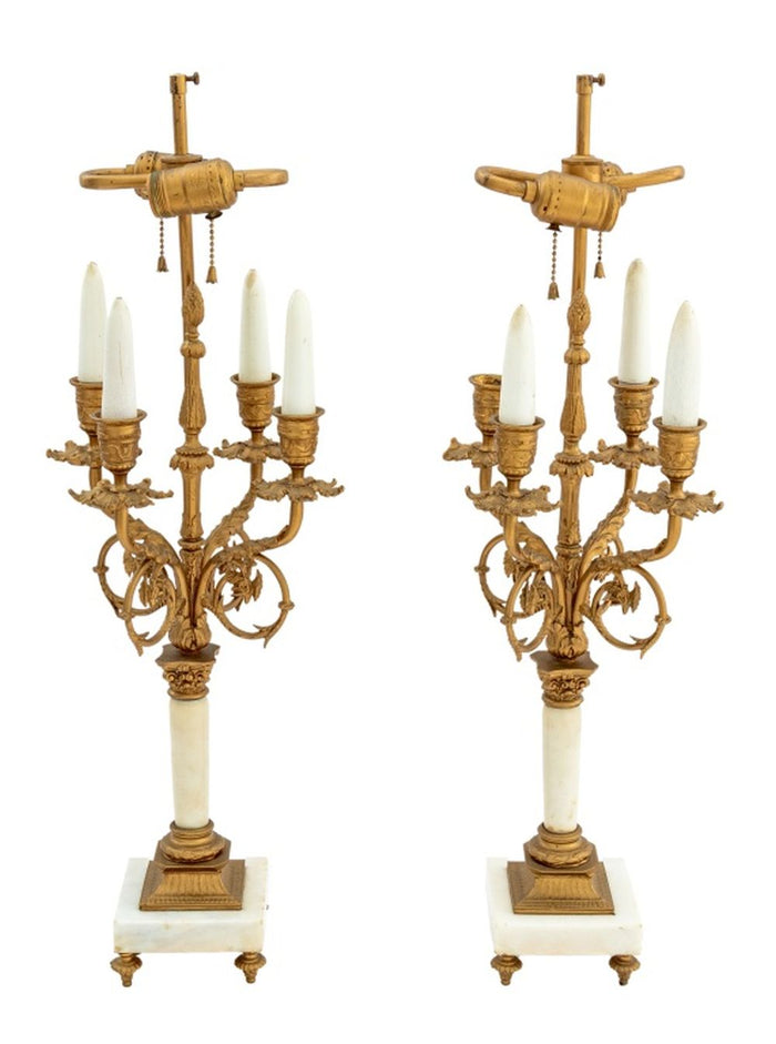 French Gilt Brass and White Marble Lamps, Pair