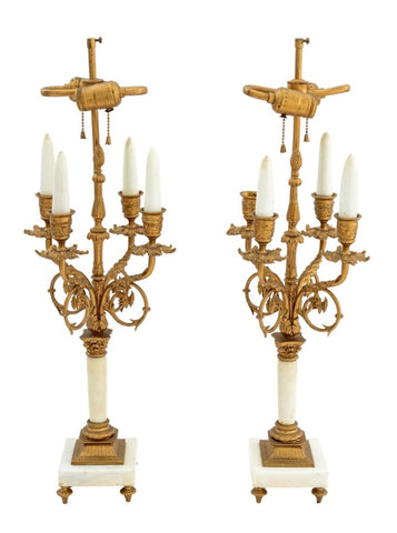 French Gilt Brass and White Marble Lamps, Pair