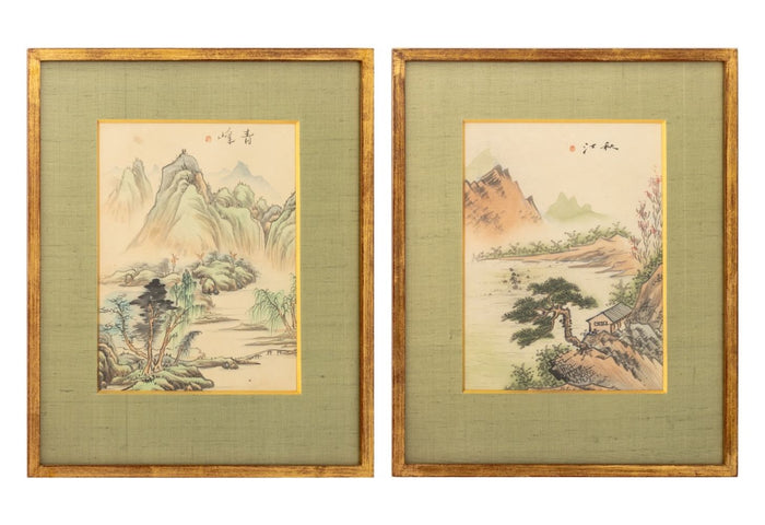 Japanese Mountain Landscape Watercolor on Silk, 2