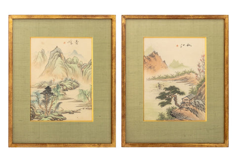 Japanese Mountain Landscape Watercolor on Silk, 2