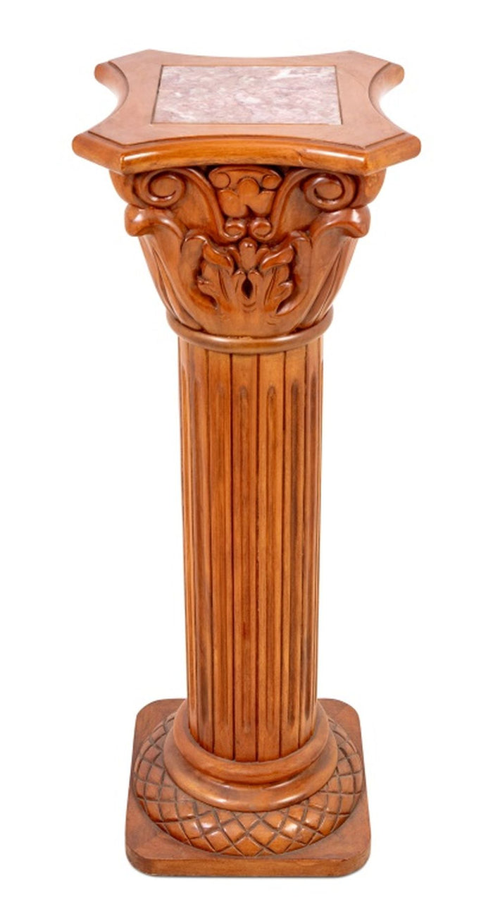 Walnut and Marble Corinthian Column Pedestal