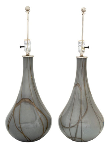 Modern Gray Glass Tear Drop Vases as Lamps, Pair