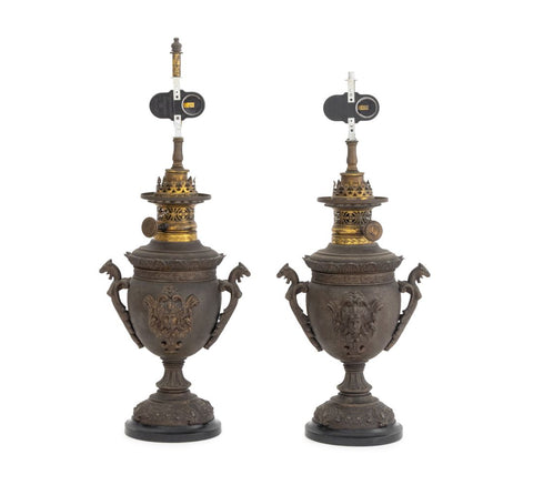 Neoclassical Two Handle Urn Forn Table Lamps, Pair