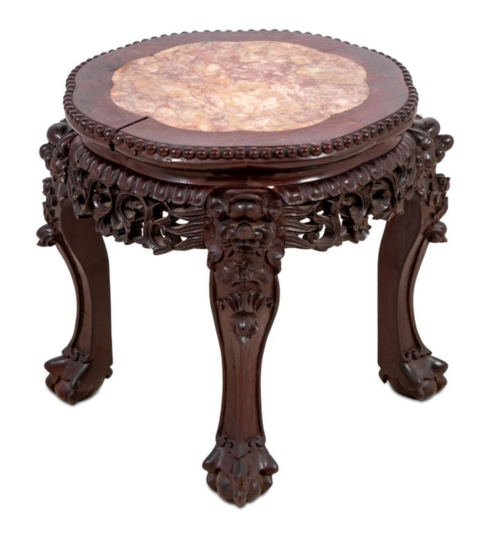 Chinese Hardwood and Marble Low Pedestal Table
