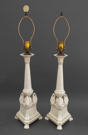 Italian Porcelain Columnar Swan Lamps, Pair (9855971590451)