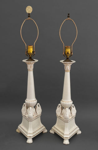 Italian Porcelain Columnar Swan Lamps, Pair