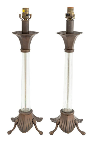 Chapman Art Deco Style Brass & Glass Lamps, Pair