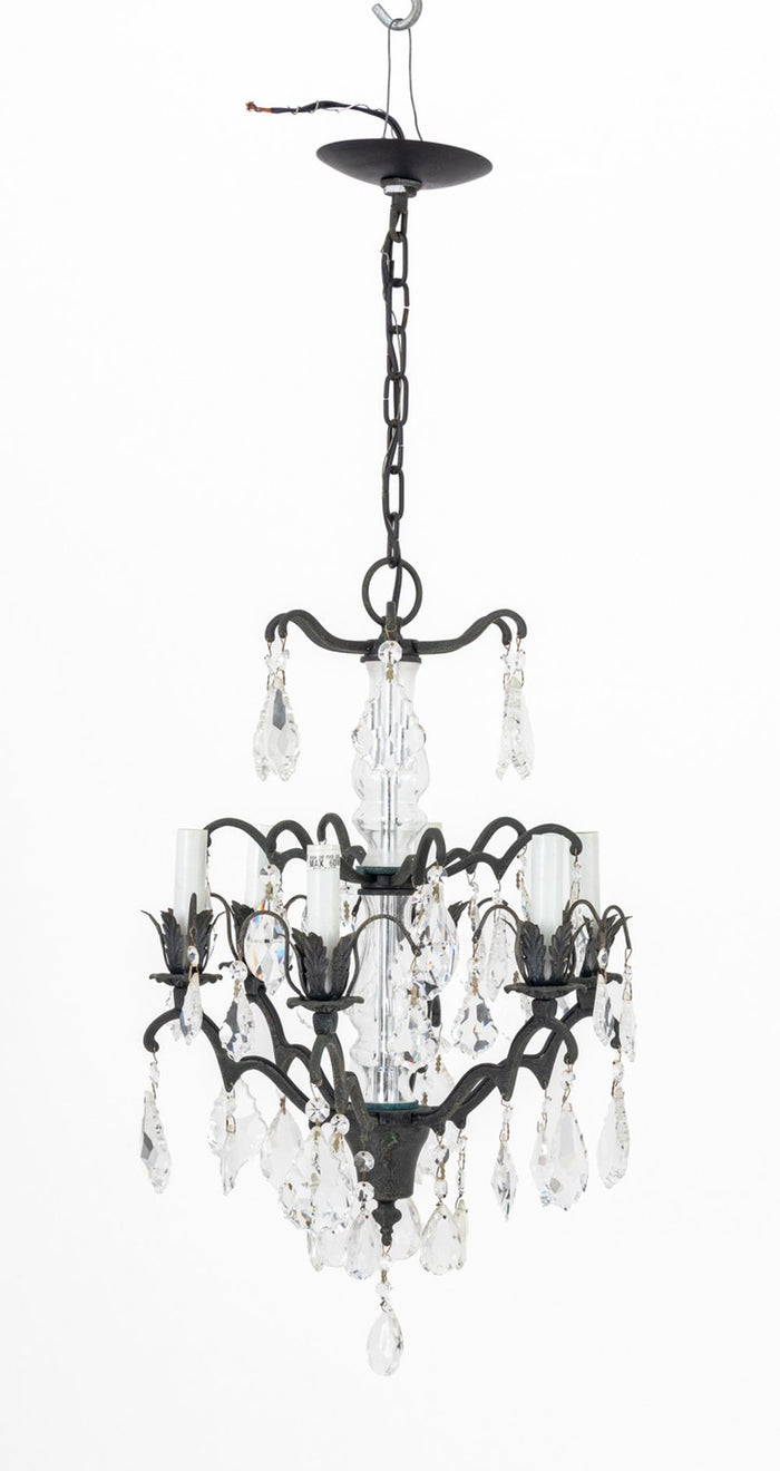Patinated Metal and Glass Six Arm Chandelier