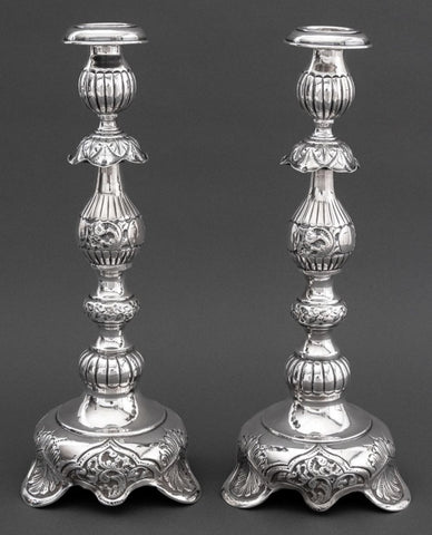 Russian Judaica Sterling Silver Candlesticks, Pair