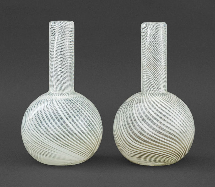 Venini Style Clear Glass Bottle Vases, Pair