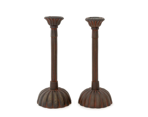 Japanese Patinated Bronze Candle Prickets, Pair