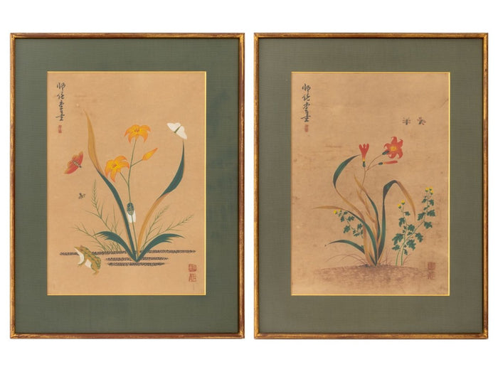 Korean School Flowers & Butterflies Gouaches, Pair