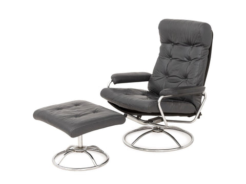 Ekornes Gray Leather Lounge Chair and Ottoman
