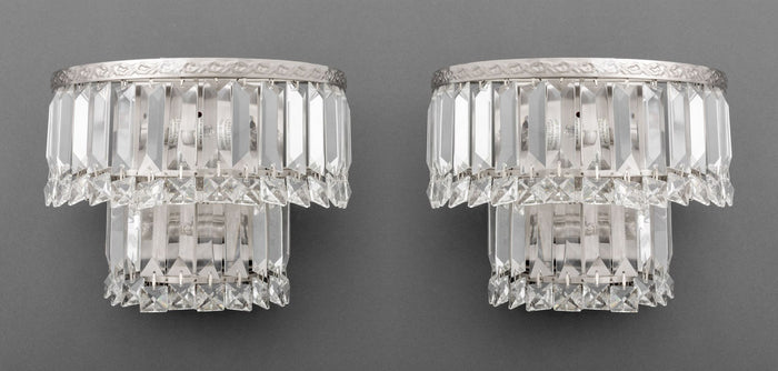 Chrome and Crystal Two-Tier Wall Sconces, Pair