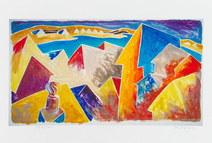 William Evaul "Rooftops" White Line Woodcut Print