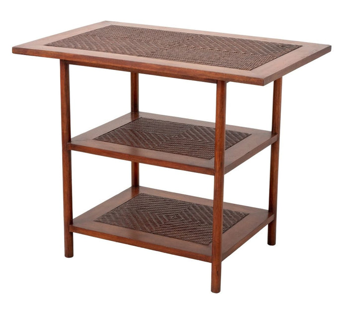 Contemporary Hardwood and Rattan Three-Tier Table